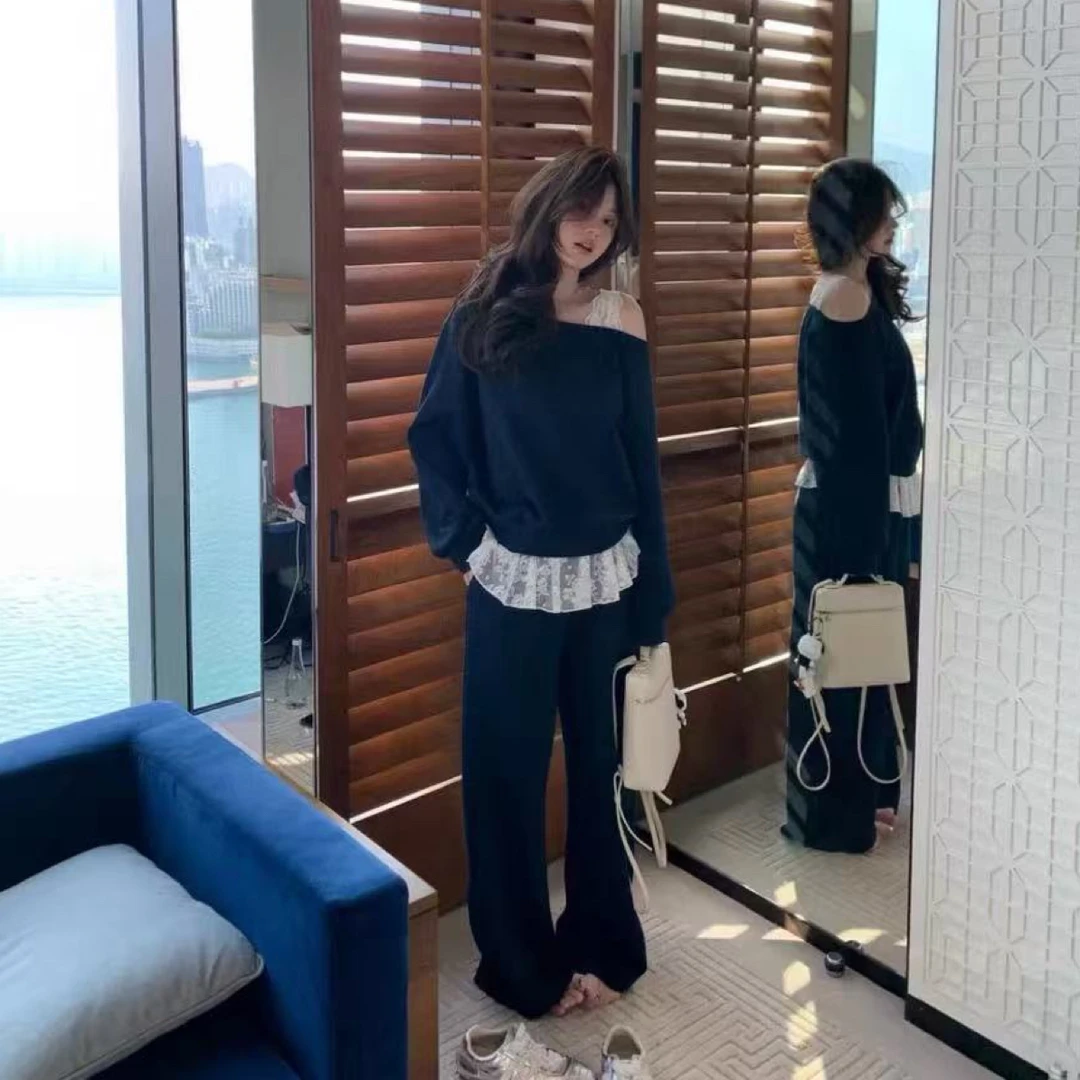 【蕾丝卫衣套装】韩系露思斜肩蕾丝拼接卫衣女春秋阔腿裤休闲两件套