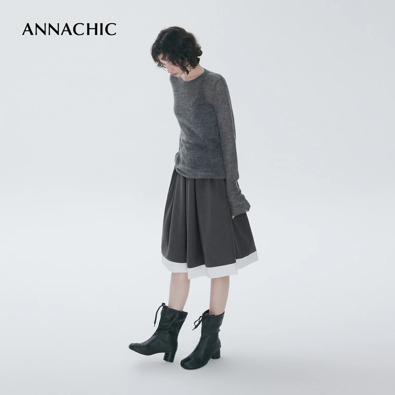 ANNACHIC_M1u系穿搭/时髦撞色半身裙/百褶a字伞裙/松紧腰蓬蓬半裙