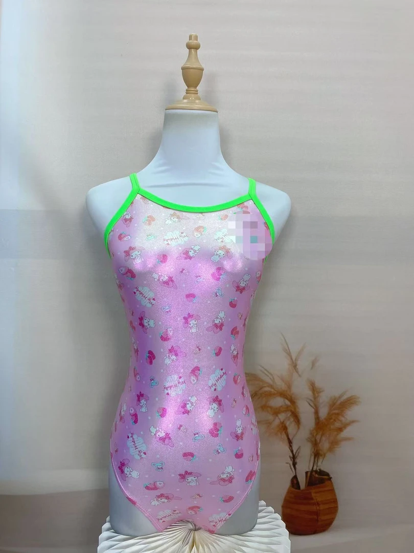 美乐蒂粉色单层不带垫中叉竞速连体泳衣（外贸尾货）