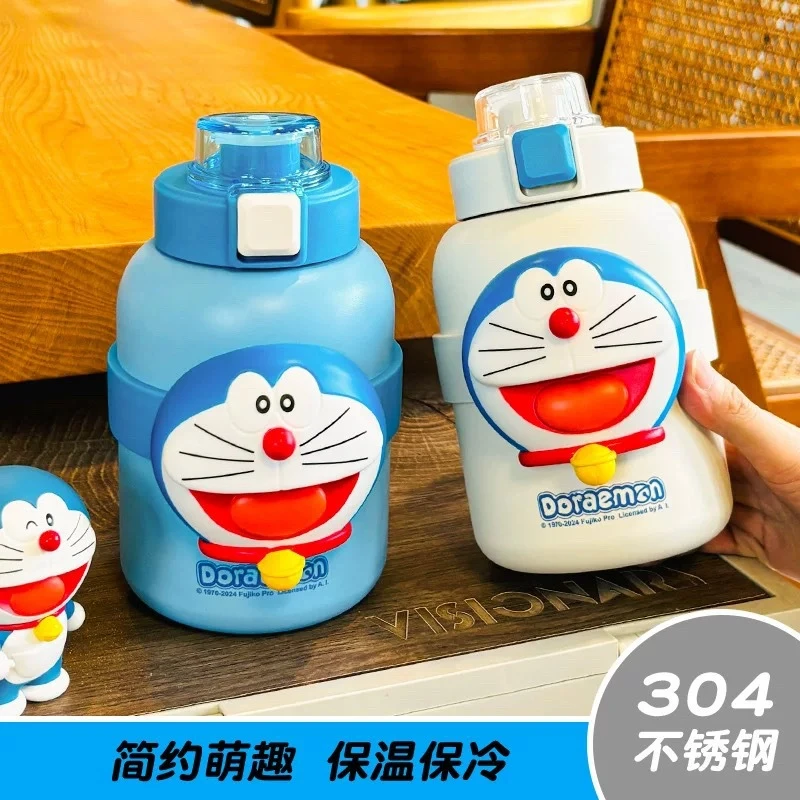 哆啦A梦保温杯304不锈钢水杯卡通可爱学生保温壶便携手提吸管杯子