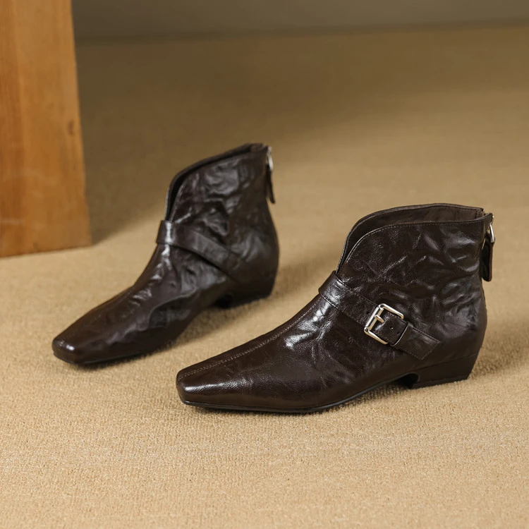 真皮高跟方头秋冬单靴时尚复古短靴黑色时装靴女鞋粗跟百搭短靴