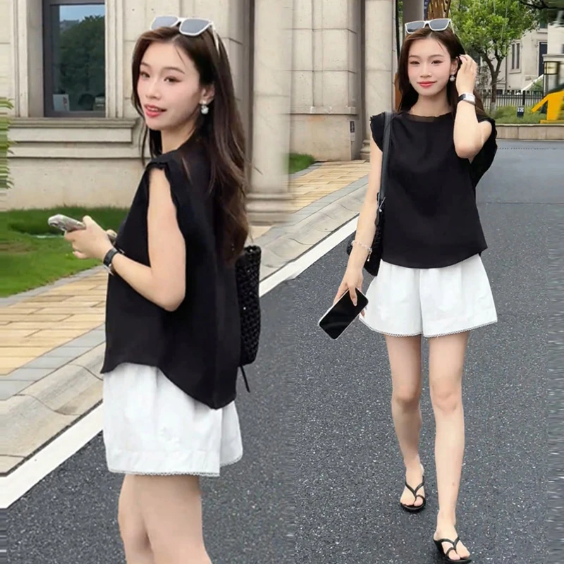 时尚简约通勤两件套装女夏季新款遮肉显瘦木耳边无袖衬衫高腰短裤