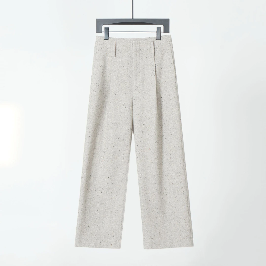 早春精纺花呢羊毛裤宽松复古米白色时尚百搭简约舒适毛呢裤K0005