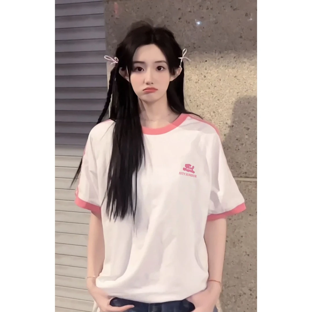 夏季新款三杠运动风情侣短袖t恤圆领宽松纯棉百搭中长款上衣