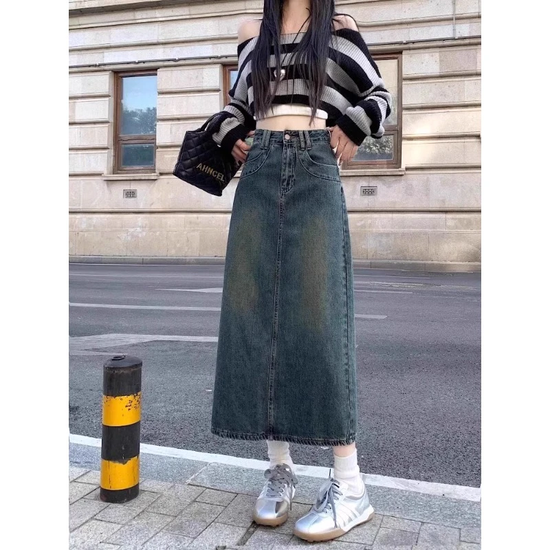 复古做旧开叉牛仔半身裙女2025春季新款胖mm高腰显瘦A字中长裙