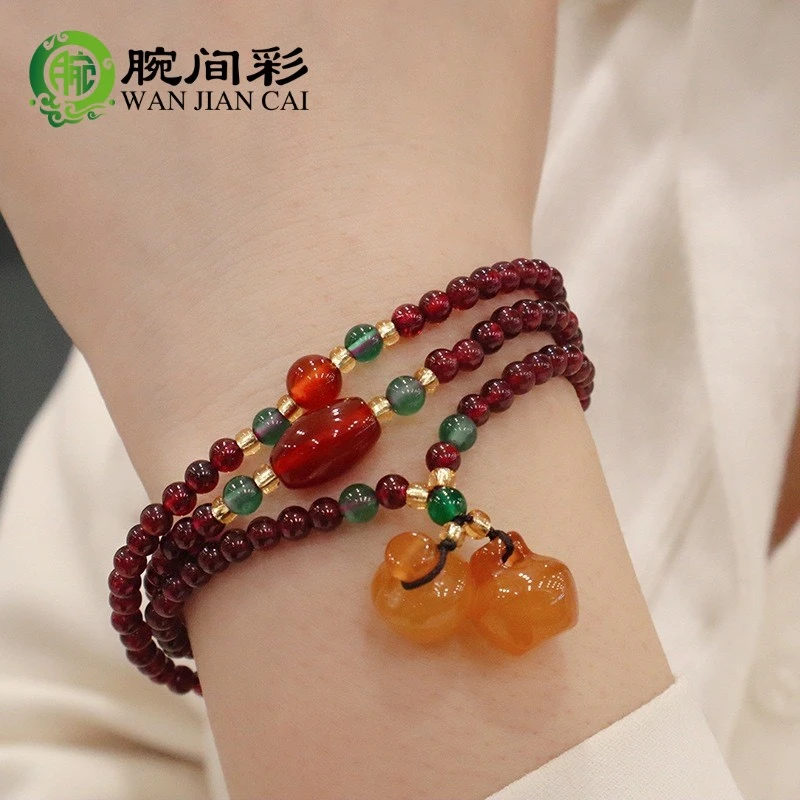 新中式天然三圈石榴石手串搭配玉髓苹果葫芦吊坠手链2804