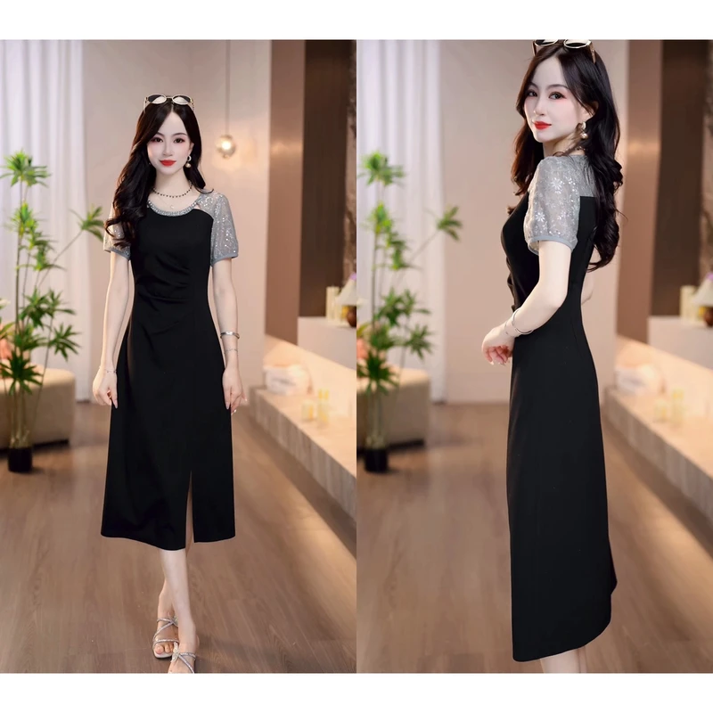 2025夏季新款灰黑小众拼接时髦洋设计长款小黑裙 修身连衣裙M-4XL