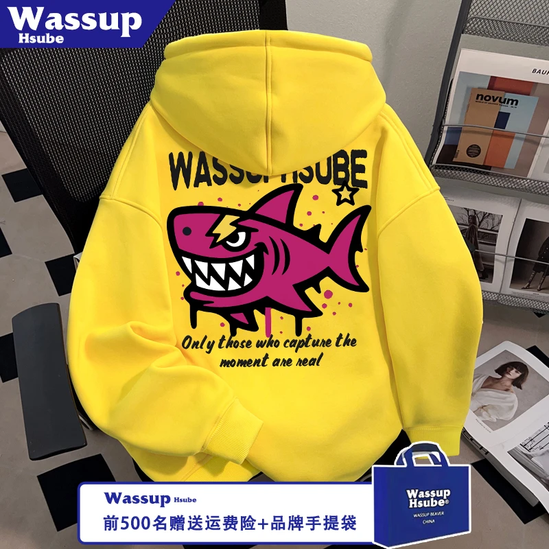 WASSUP HSUBE秋季炫酷鲨鱼印花男女款上衣重磅风黄色连帽套头卫衣