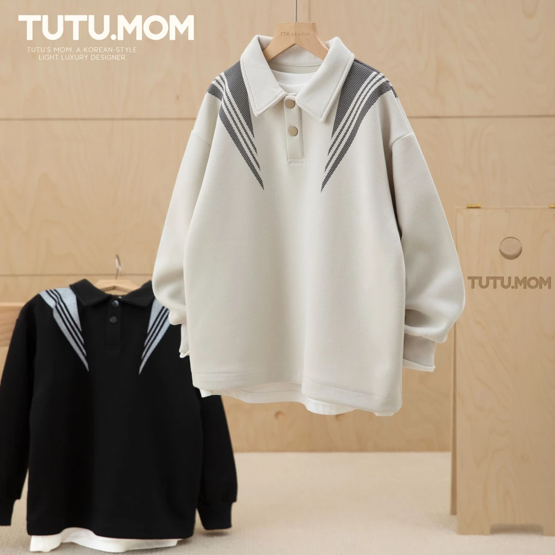 图图妈【休闲翻领拼色卫衣】男童2025秋新款潮酷套头宽松上衣中大童