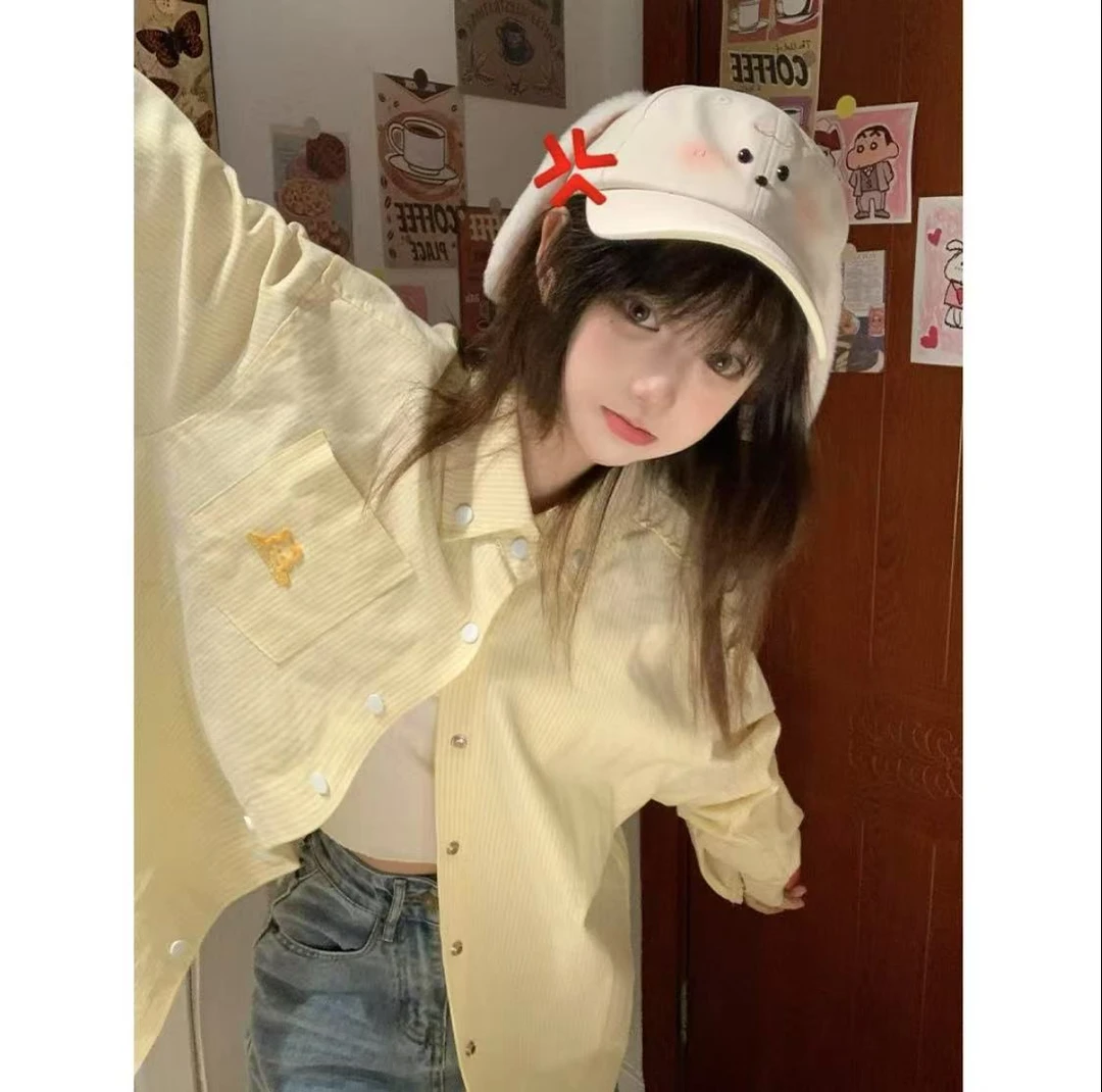 美式复古黄色条纹衬衫女款外穿夏季宽松休闲开衫防晒chic上衣外套