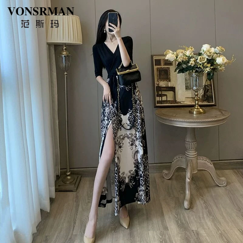 VONSRMANV领碎花裹身裙春装新款法式收腰修身显瘦开叉黑色气质长
