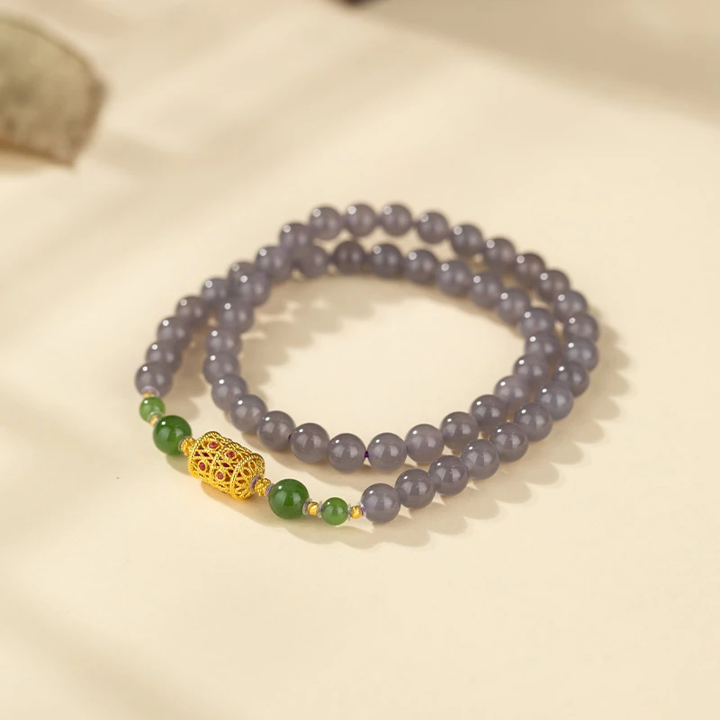 凝烟|18K金镶和田玉冰烟紫圆珠手串多样性发*694019YXG*【LFY】