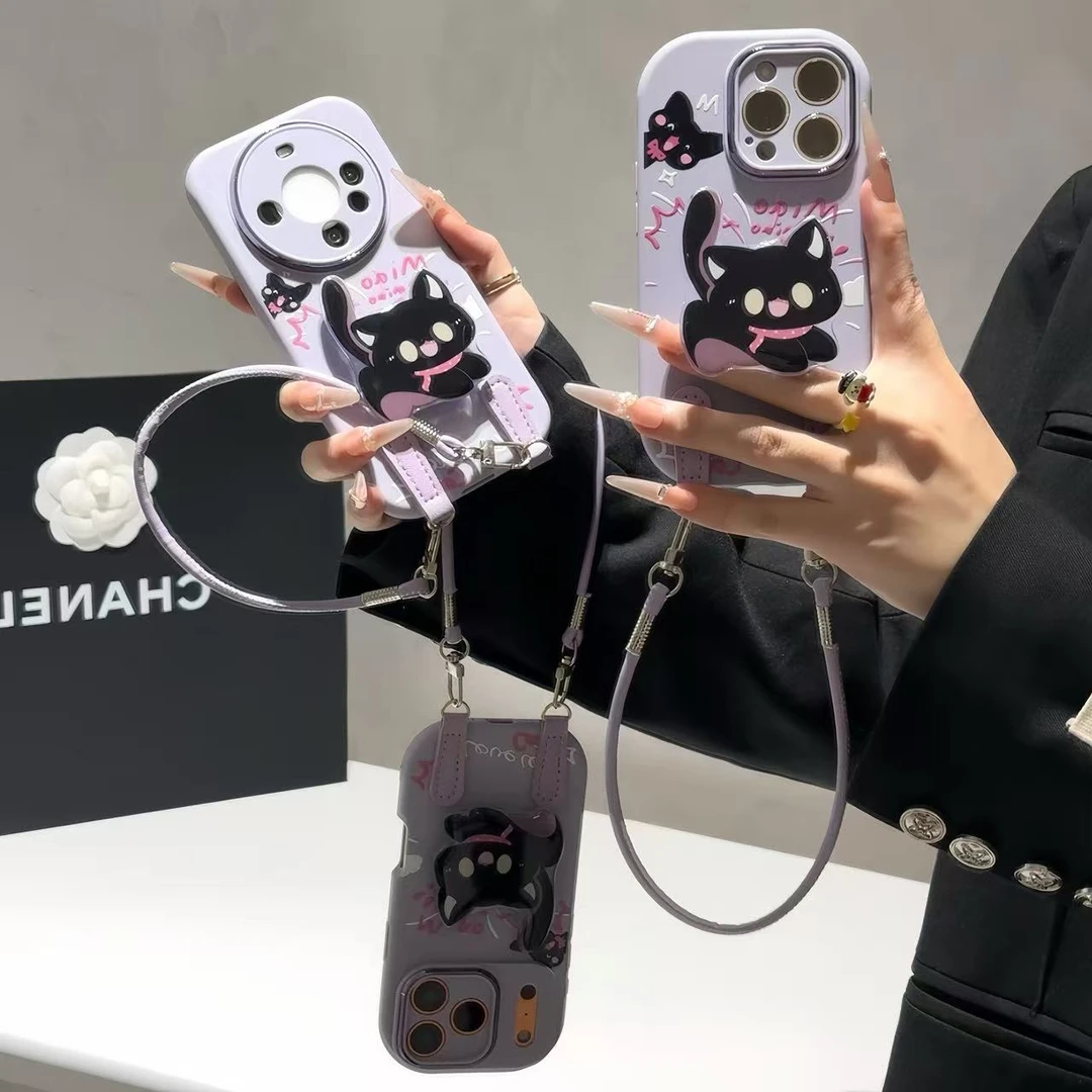 可爱惊吓猫咪支架挂绳适用苹果17手机壳iPhone16华为vivo小米oppo
