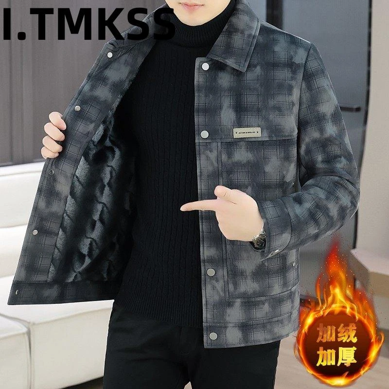 格子夹克男秋冬季加绒加厚高端潮流翻领毛呢大衣冬装短款呢子外套