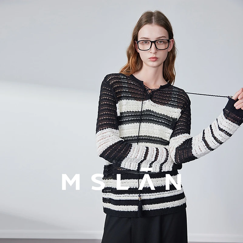 MSLAN【商场同款】新款时尚气质百搭撞色镂空绑带针织套衫女MGAN163