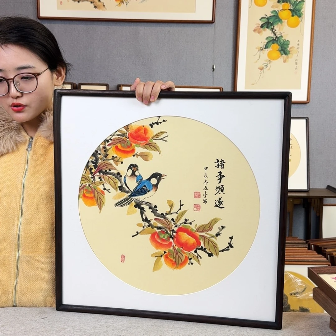 国画纯手绘，纯手写带框尺寸：53×53厘米