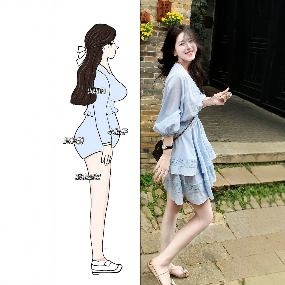 B396法式蓝色蕾丝拼接连衣裙女装夏季时髦气质减龄收腰显瘦短裙子