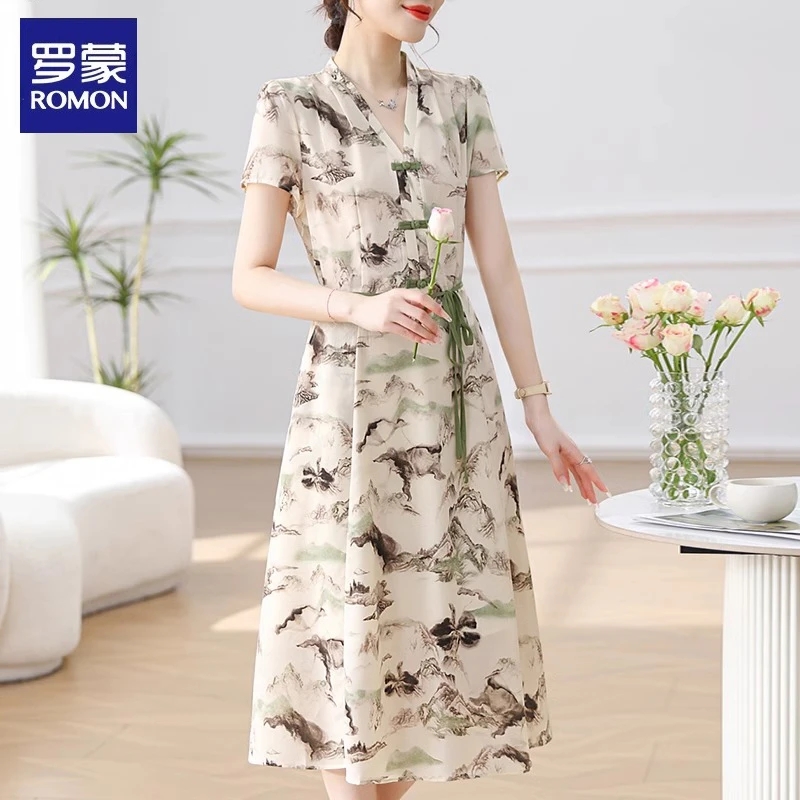 罗蒙妈妈连衣裙夏装2024新款中老年夏季新中式短袖雪纺裙子女高贵