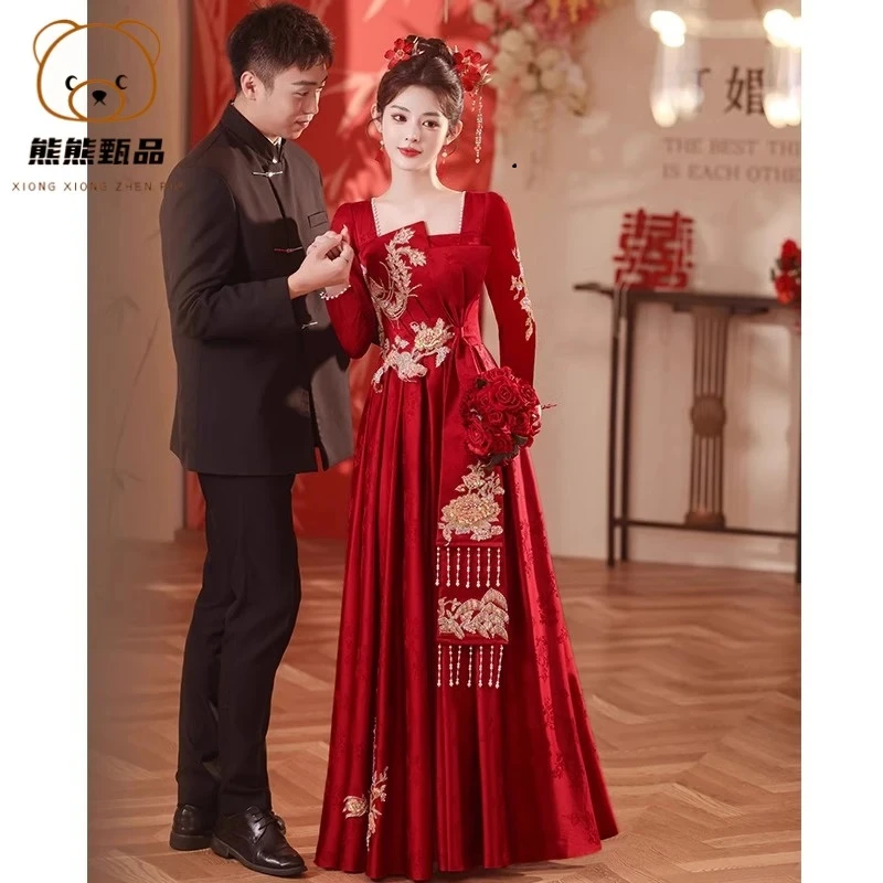 新娘红色出阁订婚宴礼服秋大码高个子结婚中式显瘦敬酒服秋冬款
