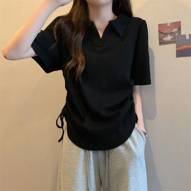92棉大码休闲翻领Polo衫短袖t恤女夏季新款胖mm显瘦抽绳正肩上衣