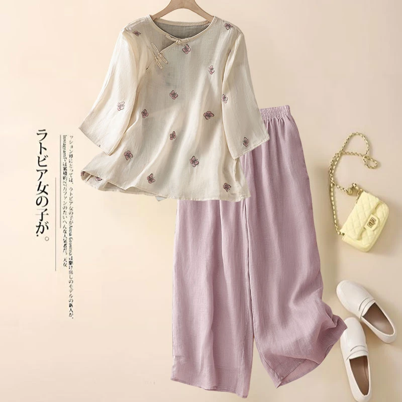 夏季新款宽松休闲新中式国风斜襟盘扣刺绣衬衫双层亚麻休闲裤套装