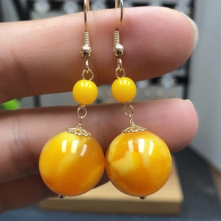 琥珀银S925镀金镶嵌耳饰尺寸16mm