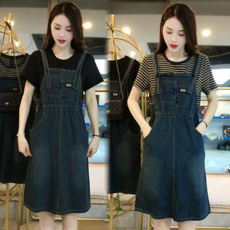 高含棉时尚休闲牛仔套装女2025夏季新款洋气减龄短袖背带裙两件套