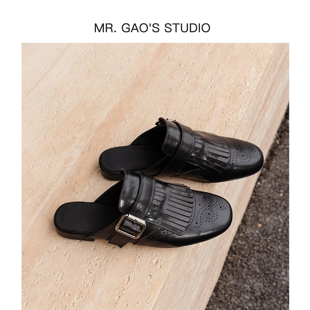 25新款夏季流苏雕花一脚蹬皮鞋半拖透气包头纯色休闲风穆勒鞋外穿