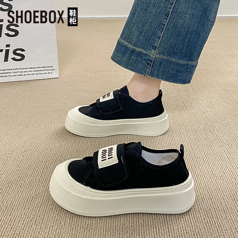 SHOEBOX鞋柜2025新款魔术贴帆布板鞋文艺风时尚百搭厚底学生鞋