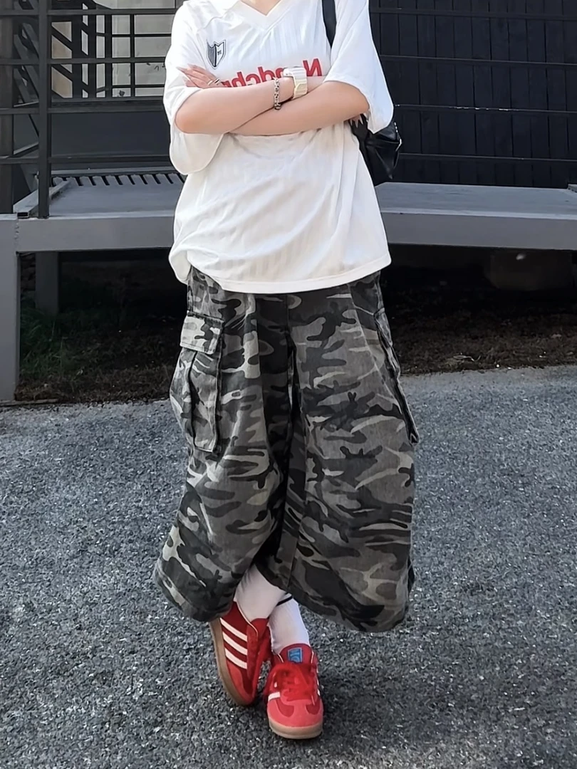 美式迷彩风多口袋阔腿牛仔短裤男复古直筒痞帅七分裤子