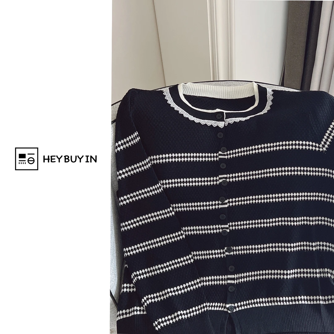 HEYBUYIN【奥利奥开衫】精选微胖圆领条纹法式慵懒针织衫百搭外套女