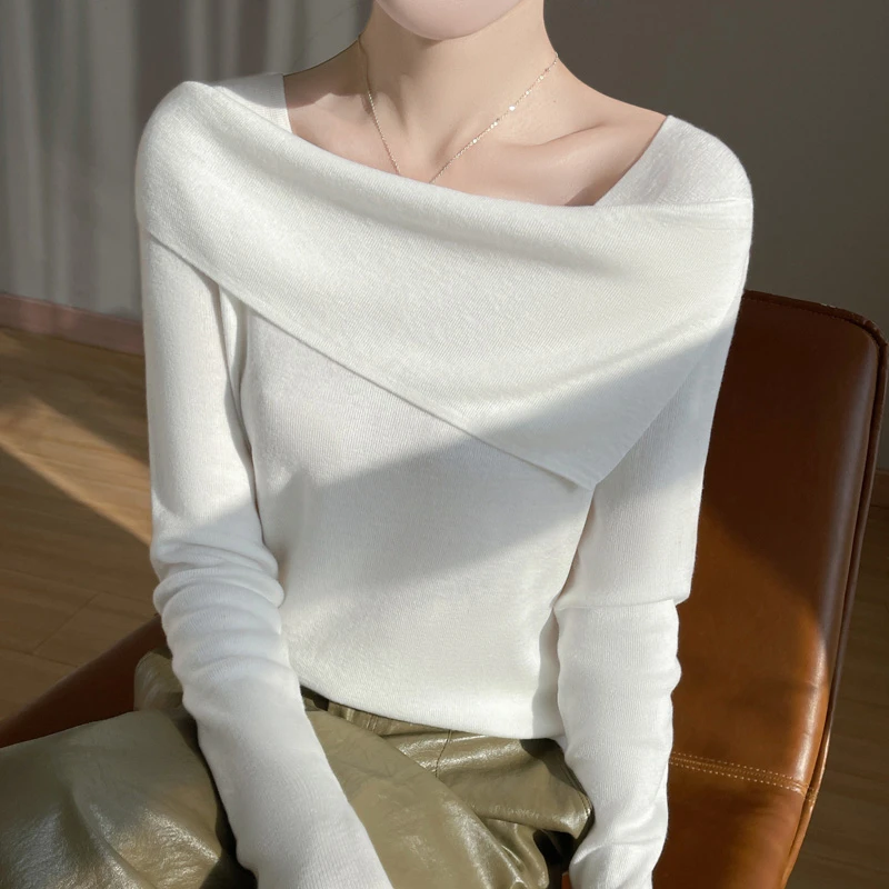 哥弟阿玛施正品春季新款法式针织衫上衣女一字领设计感长袖打底衫