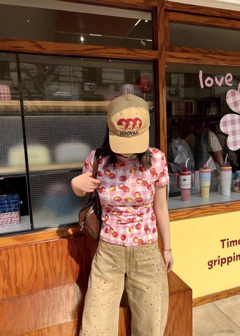 （22鸦鸦粉色樱桃）短款常规卡通动漫印花花色宽松型T恤韩版