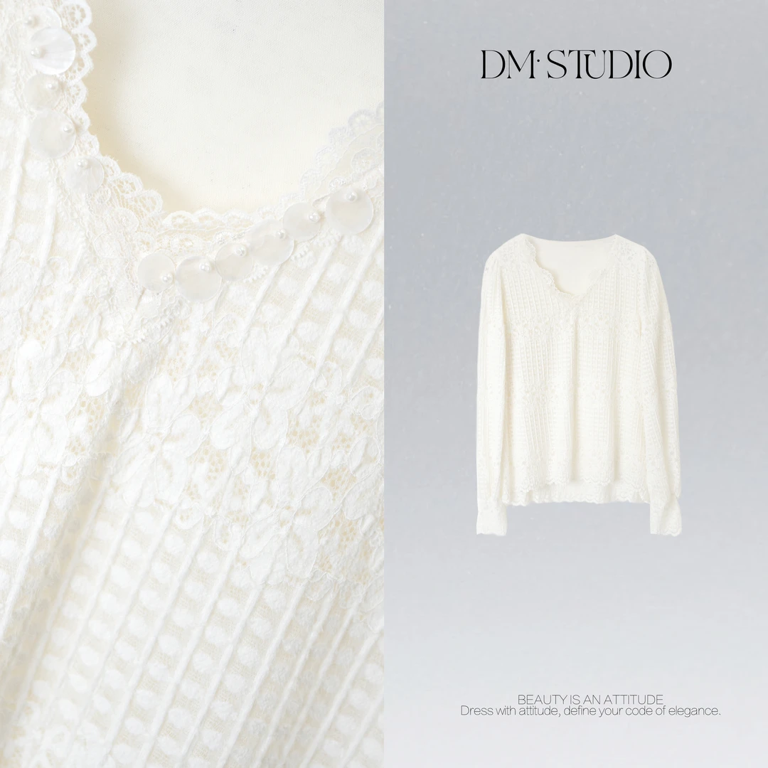 DEDM•STUDIO/精致减龄气质显瘦百搭蕾丝花边V领上衣2511LSS/8930