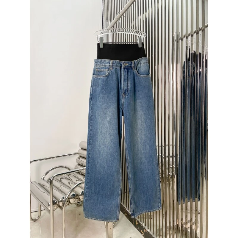 金珍妮同款  针织腰假两件松紧拼接高腰裤