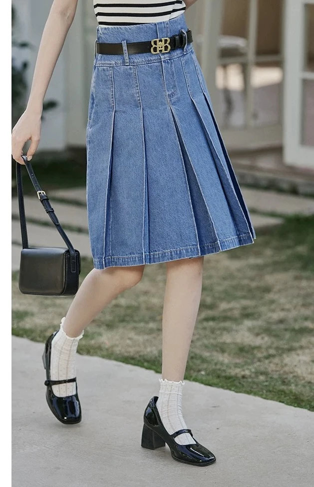 350 港风复古气质中裙百褶时尚牛仔半身裙（S12）