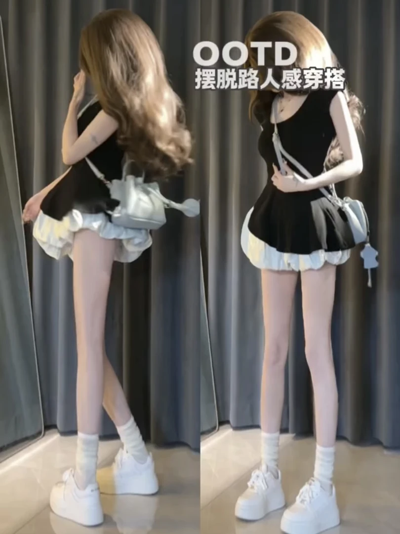 韩系纯欲风不规则修身绑带方领上衣气质高腰显瘦花苞半身裙两件套