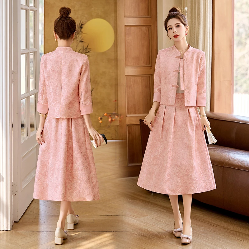 新中式风套装裙2025春季新款时尚高级感气质唐装半身裙两件套女