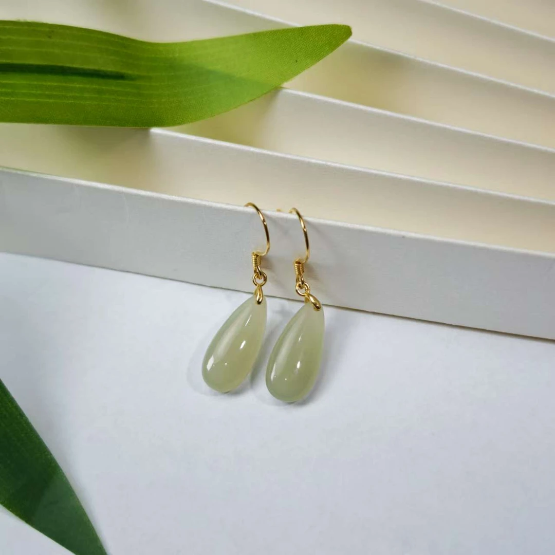 【缺货】S925和田玉晴水水滴耳钩 18*5 LJ2013