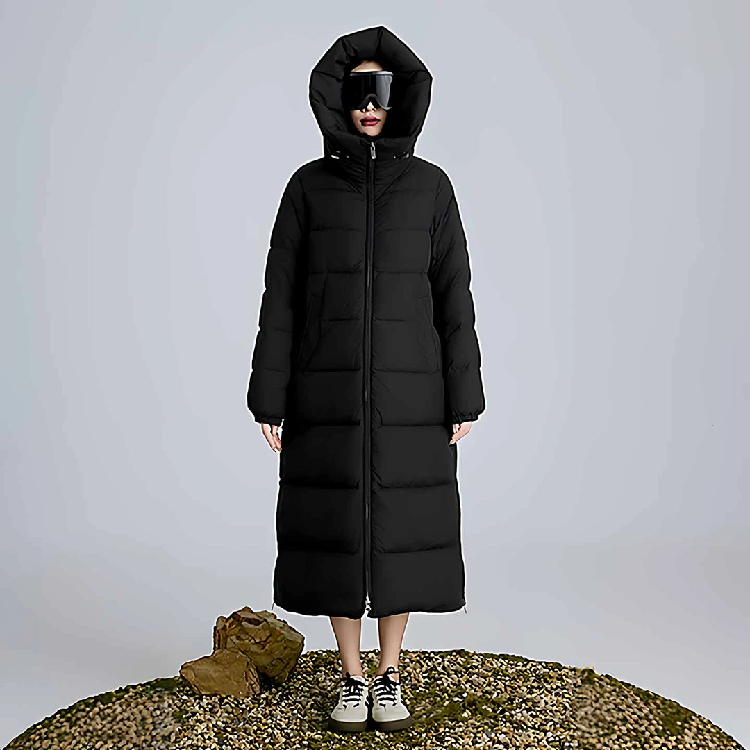 长款连帽鹅绒羽绒服新款2025高端90鹅绒侧边有开叉厚款女士三防冬