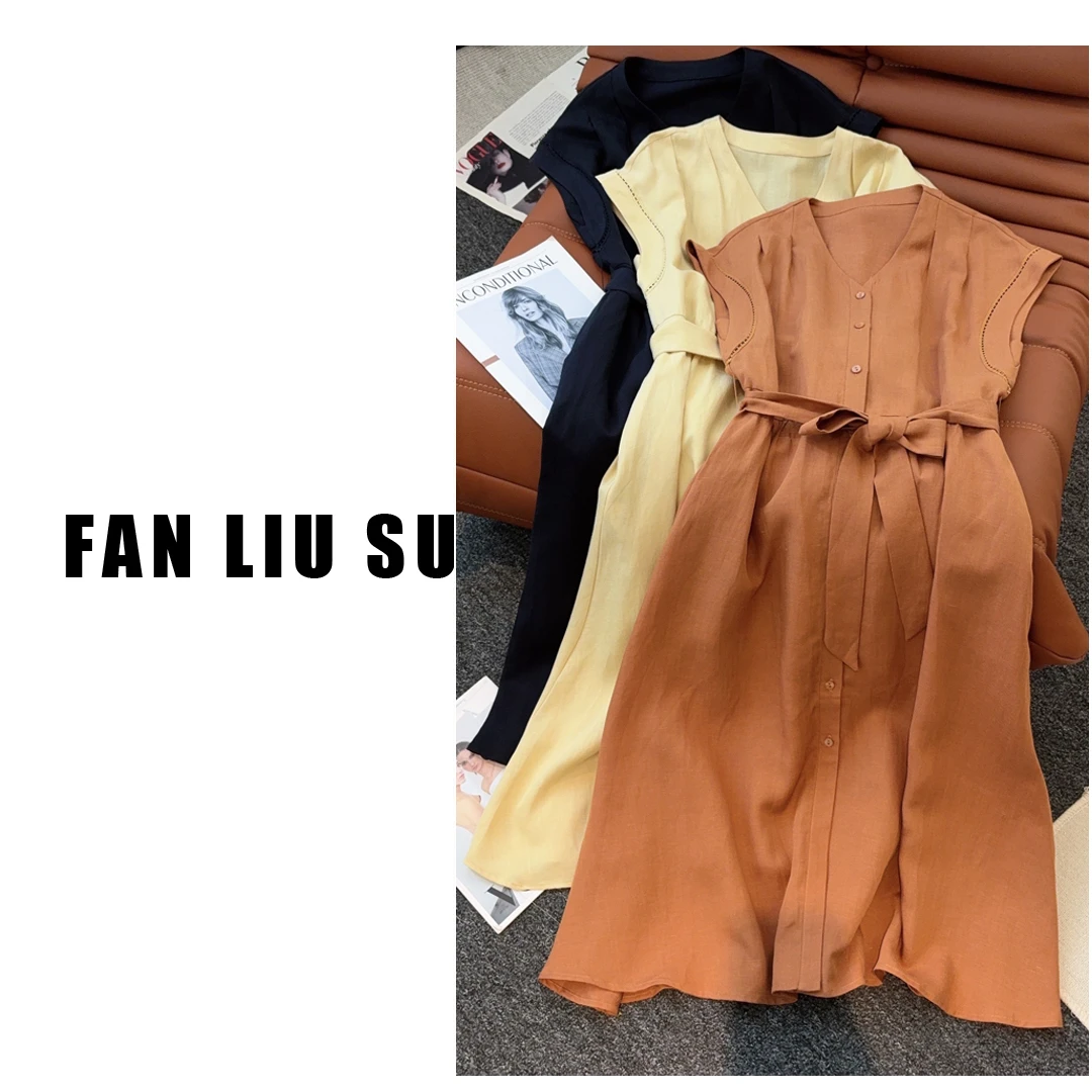 【FANLIUSU】亚麻连衣裙收腰长裙2025新款女士夏季设计感小众裙子潮