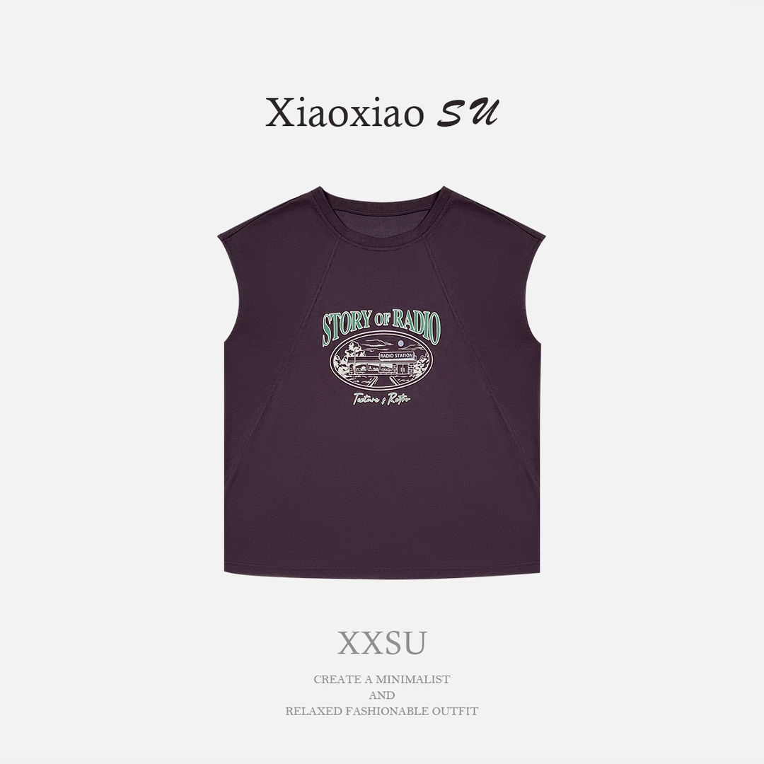 小小苏-初初-紫色印花宽松型简约T恤户外背心休闲初恋风;ECF12007