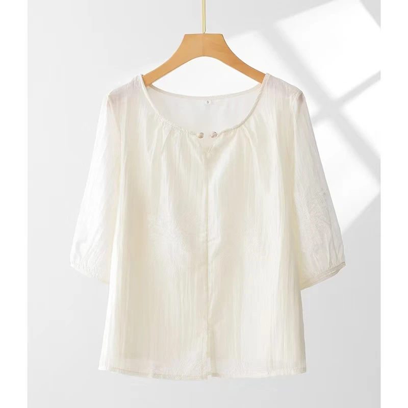 【茶芙巷】娜姐自留款天丝9060法式刺绣圆领衬衫五分袖【YJL】