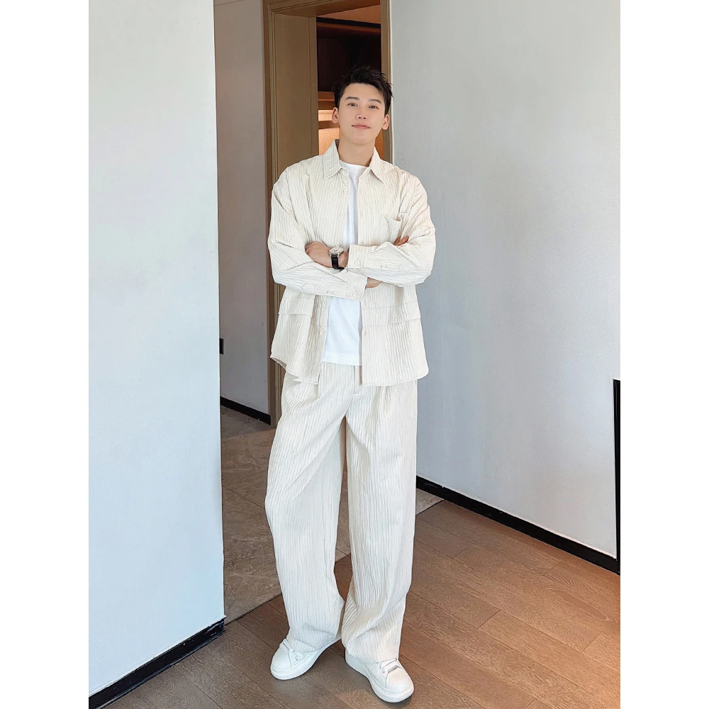 特大码300斤韩版褶皱感长袖衬衫男春秋季宽松痞帅阔腿裤两件套装