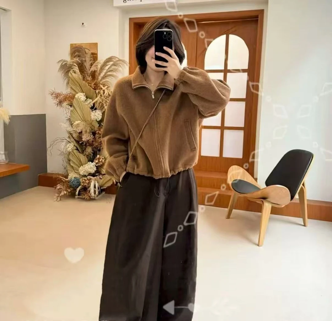 韩系高端双面羊毛大衣女秋冬短款韩版立领拉炼夹克羊毛呢外套宽松