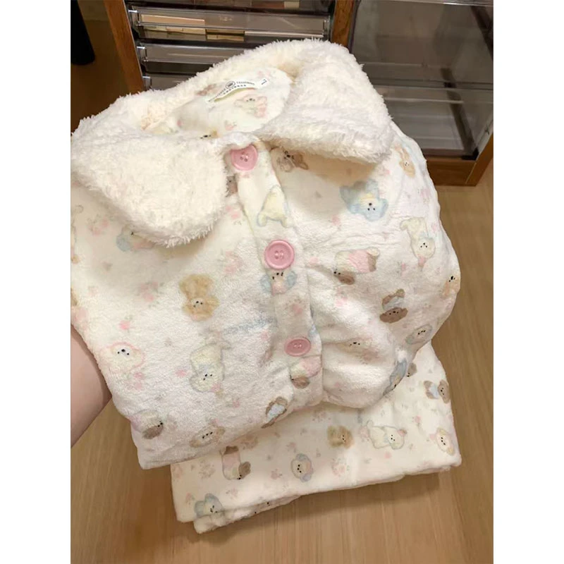 奶油小狗毛绒绒睡衣女款秋冬季法兰绒加厚长袖套装可爱保暖家居服