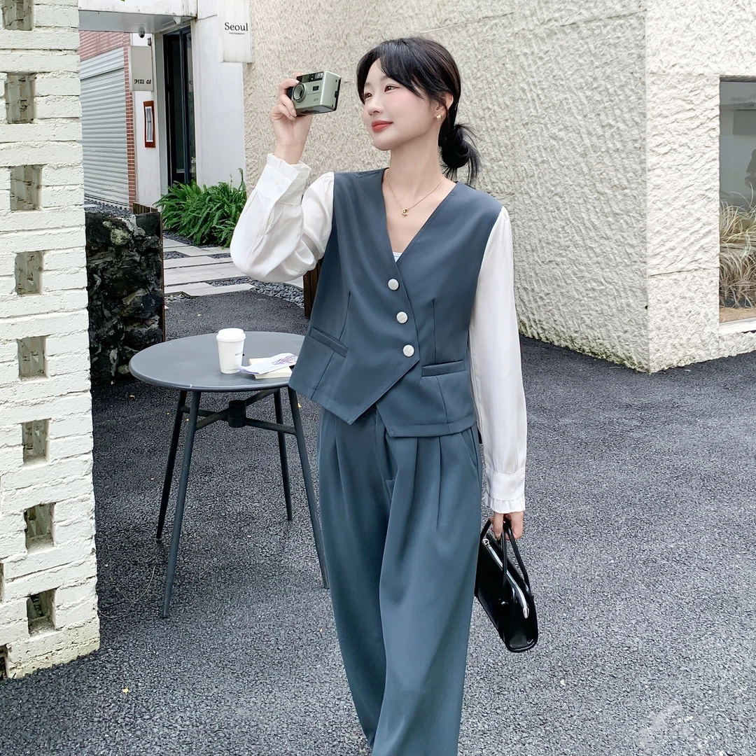韩版气质简约职业套装女2025春秋新款通勤假两件上衣阔腿裤两件套