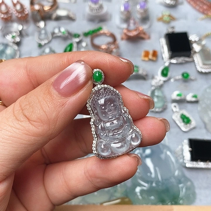 定制翡翠18K金镶嵌吊坠