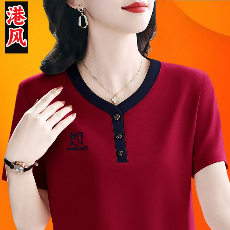 好品质洋气妈妈短袖t恤女夏好看百搭上衣减龄运动polo衫女刺绣潮
