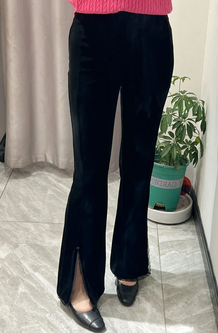 Kin.轻奢服饰新款欧货微喇裤管开衩拼蕾丝边松紧腰显瘦长裤
